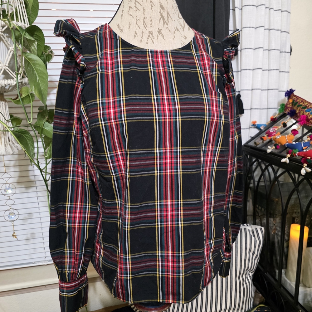 J. Crew Multicolor Plaid Blouse with Ruffle Sleeves